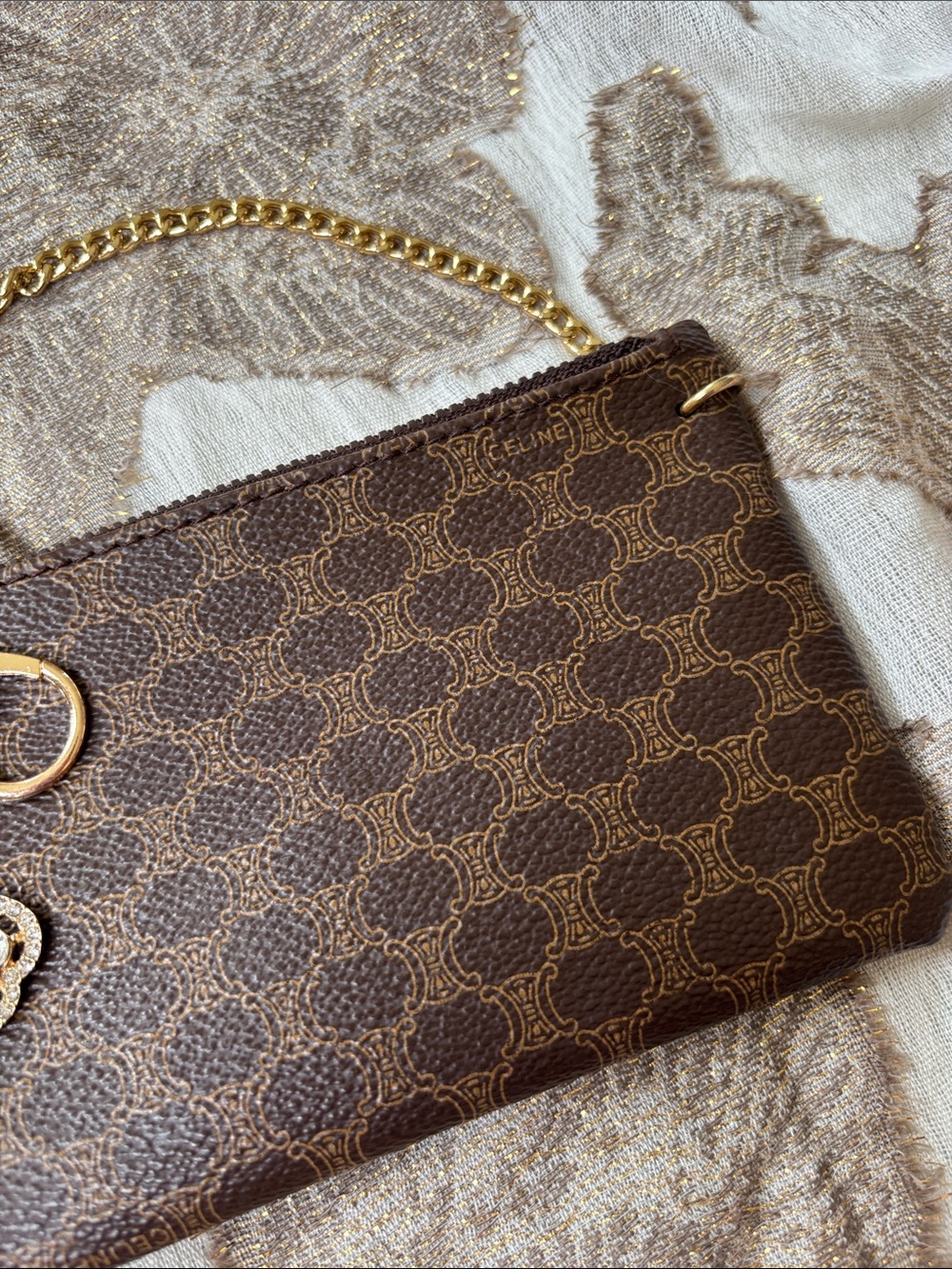 Celine Brown Logo-Print Leather Wristlet w/ Gold Tone Chain & Clover Charm - Picture 4 of 15